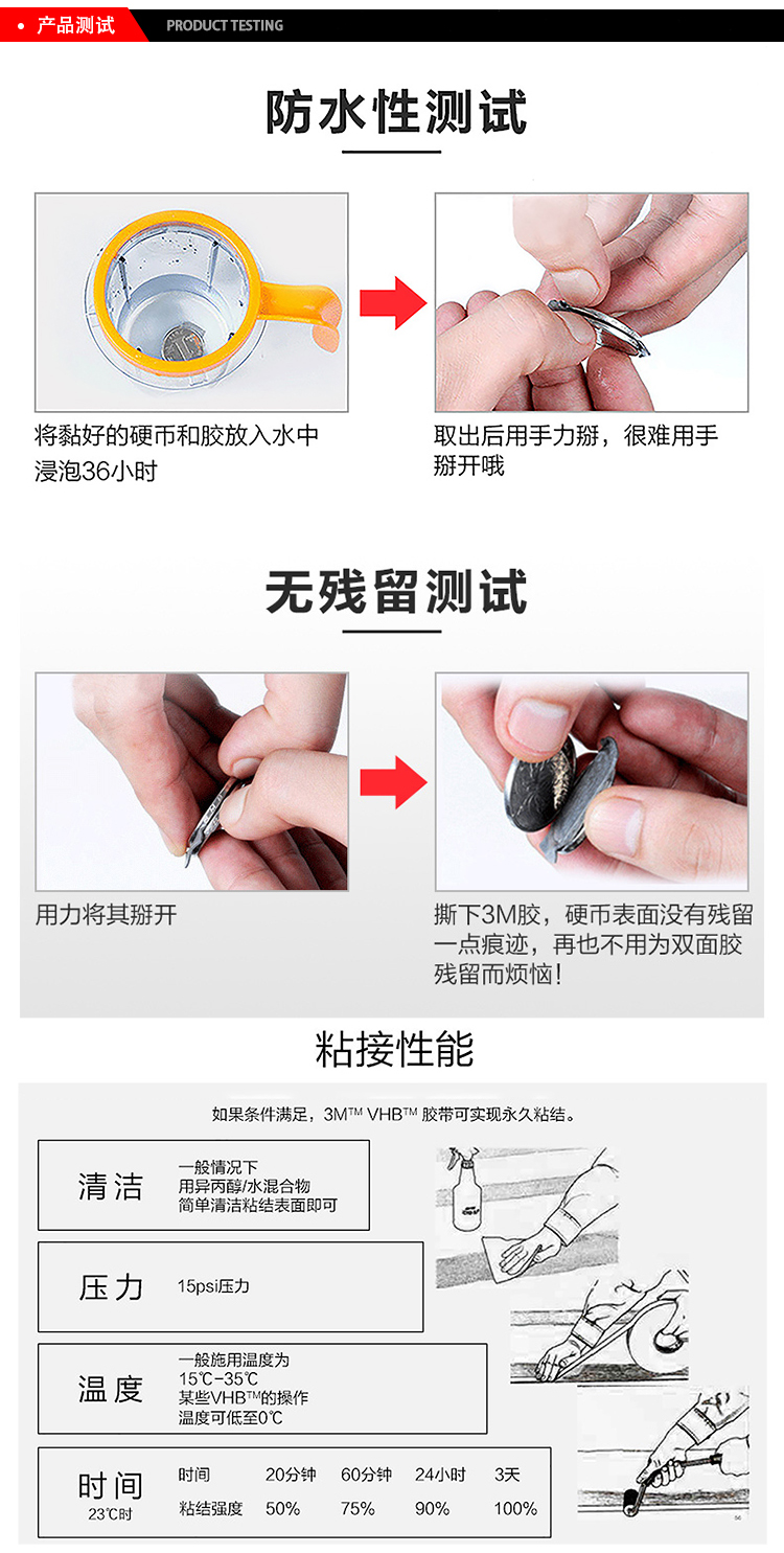 3MVHB通用型丙烯酸泡棉膠帶5925防水測試、無殘留測試、粘接性能